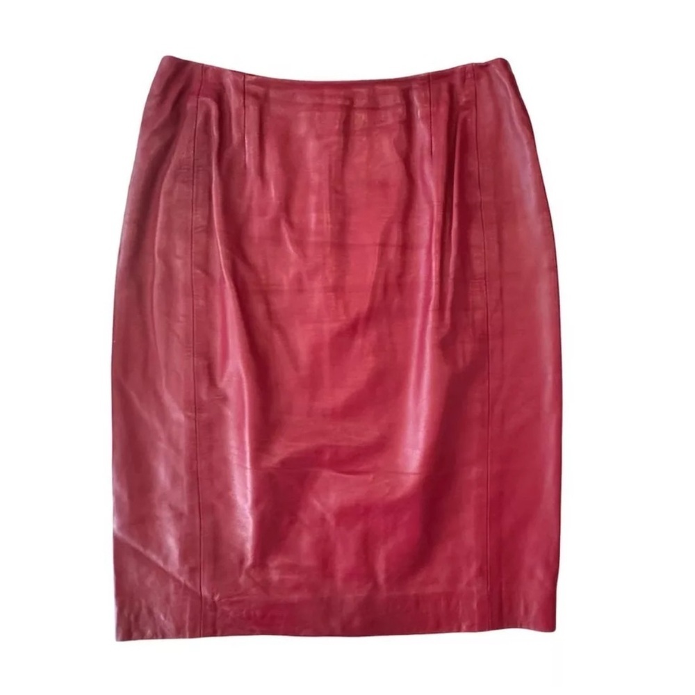 Carlisle Women’s Vintage Knee-Length Leather Pencil Skirt. Wine (Red). Size 2